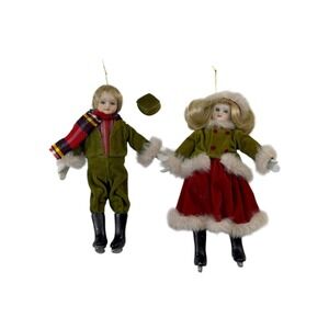 Set‎ of 2 Porcelain Vintage Christmas Ice Skating Dolls Ornaments